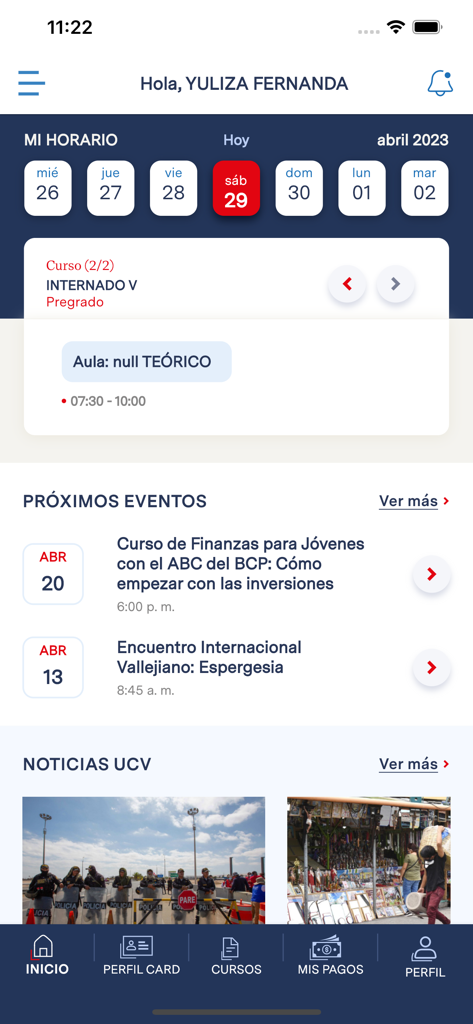 Pantalla de inicio de la aplicación móvil Trilce UCV que muestra un horario de estudiante, próximos eventos universitarios y noticias.