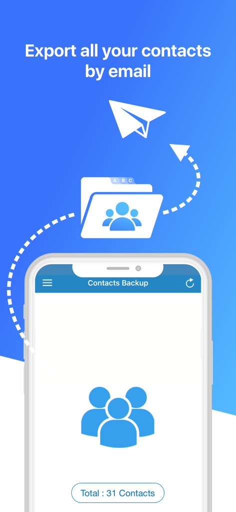 A smartphone screen displaying the Contacts Backup app with a paper airplane icon symbolizing the feature to export all contacts via email.