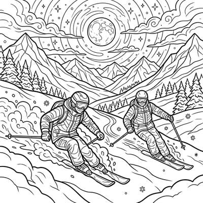 Dive into an exhilarating night skiing scene with our freeride skiers coloring page. Capture the dynamic energy of carving fresh powder under a luminous moon and sparkling stars.