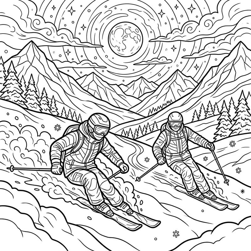 Dive into an exhilarating night skiing scene with our freeride skiers coloring page. Capture the dynamic energy of carving fresh powder under a luminous moon and sparkling stars.