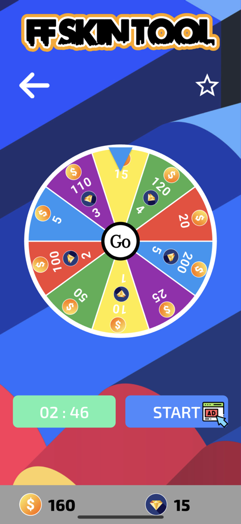 FFF FF Skin Tool - FFF FF Skin Tool app screen featuring a reward spin wheel for diamonds and coins