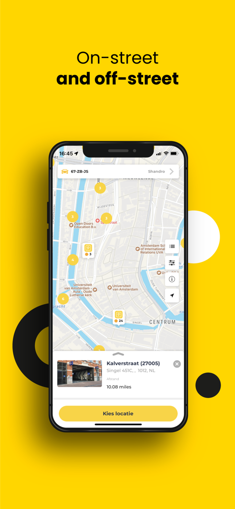 Yellowbrick Parking - Yellowbrick Parking app map interface showing on-street and off-street parking locations in a city.