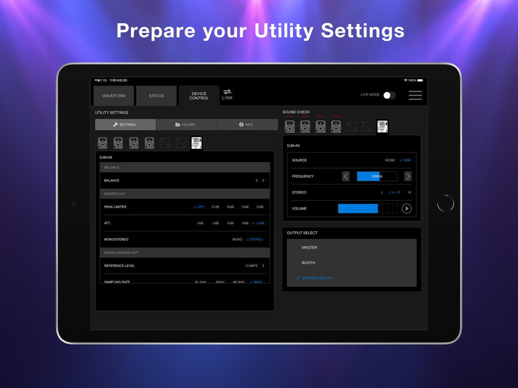 Stagehand: PRO DJ LINK Manager - iPad screen showing Stagehand app with DJM-A9 mixer utility settings and sound check controls