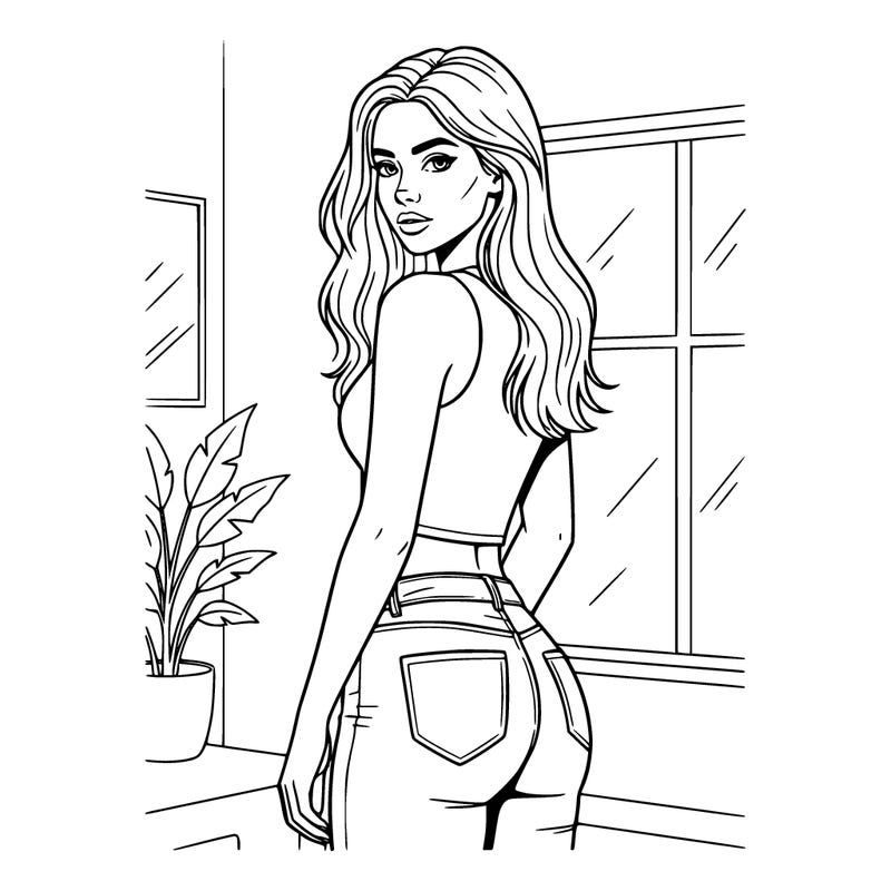 realistic girl with long hair, wearing jeans and a crop top