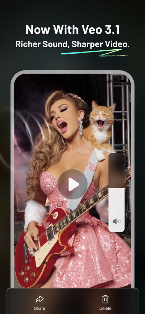 VioAI: Video & Image Maker - きらめくピンクのドレスを着て、肩に歌う猫を乗せた女性が、AI生成動画でギターを弾いている様子。