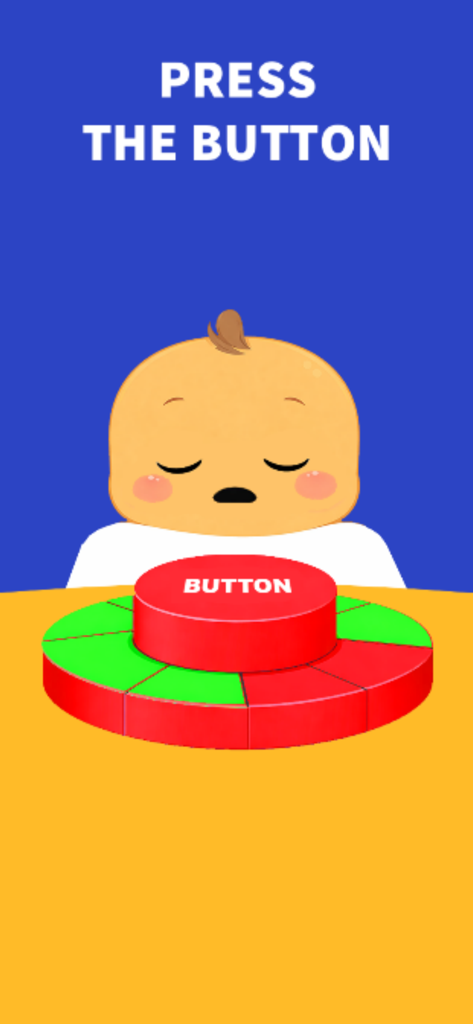 Don't Wake Baby: Button Game - Un bebé de dibujos animados durmiendo detrás de un gran botón rojo con el texto "presiona el botón"