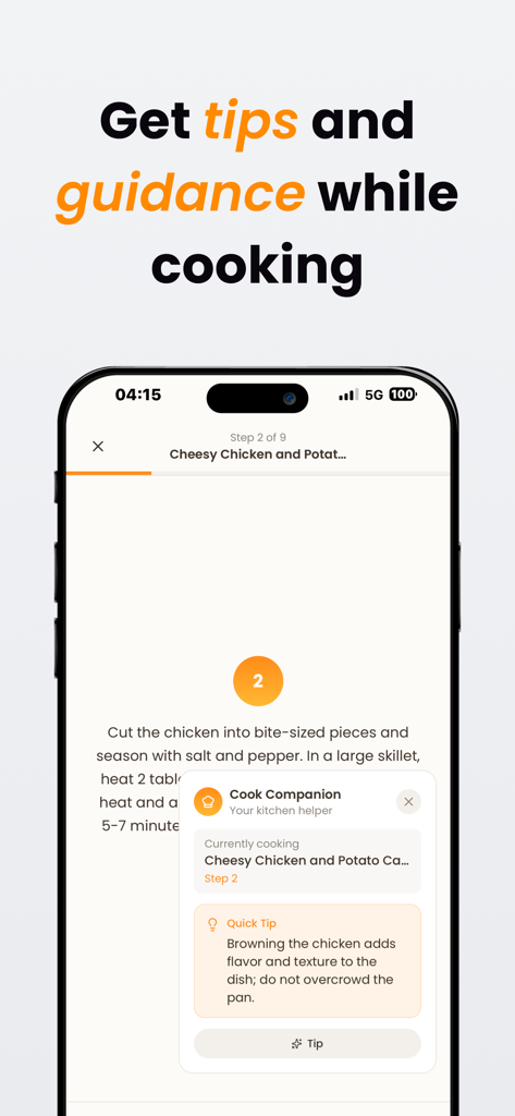 Compy: Smart Kitchen Companion - Schermata dello smartphone che visualizza le istruzioni di cottura passo passo dell'app Compy e utili suggerimenti di cucina.