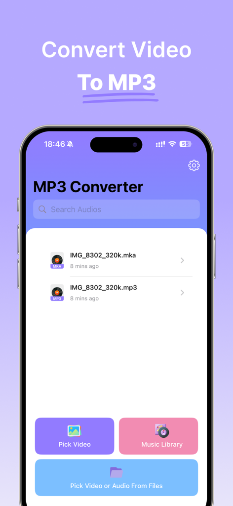 MP3 Converter - Video to MP3 - Benutzeroberfläche der MP3 Converter App, die Funktionen zur Video-zu-Audio-Extraktion und eine Liste konvertierter Dateien anzeigt