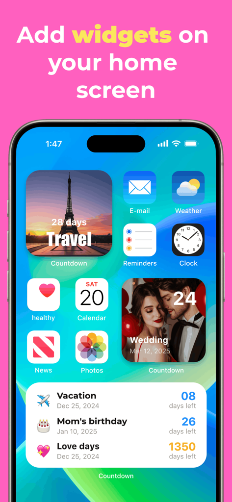Countdown - Countdown Widget - Customizable countdown widgets on an iPhone home screen for tracking events like travel and weddings