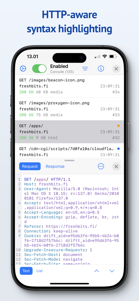 Proxygen app interface showing HTTP request headers with syntax highlighting on an iPhone
