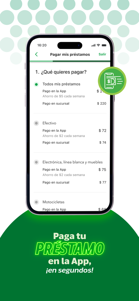 Banco Azteca - Uno schermo di smartphone che mostra l'interfaccia dell'app Banco Azteca per il pagamento dei prestiti con opzioni per contanti e beni elettronici.