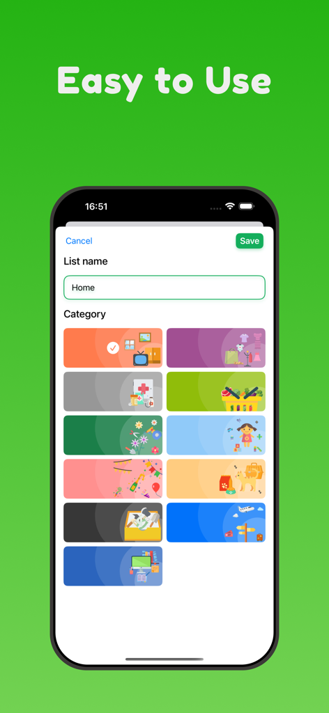 Interface de um aplicativo de lista de compras mostrando ícones de nomenclatura de lista e seleção de categoria