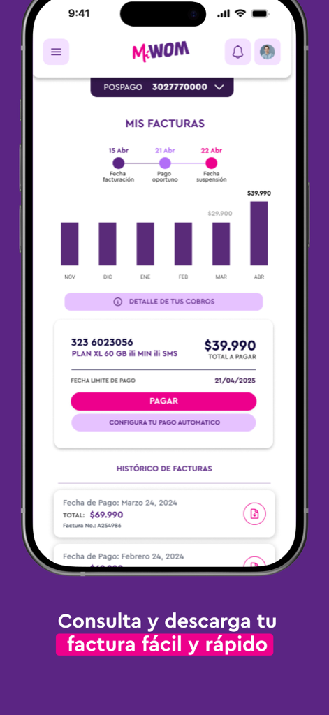 Mi WOM - Screenshot of Mi WOM app showing monthly billing history chart and a payment button for mobile plans.