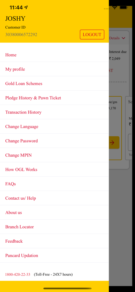 Navigation menu of the Manappuram OGL Lite app for gold loan services