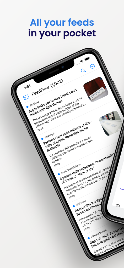 FeedFlow - RSS Reader - FeedFlow RSS reader app showing news articles on an iPhone with a minimalist interface