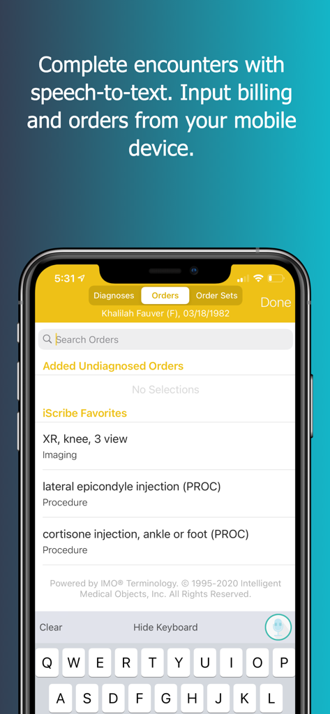 Interface do aplicativo móvel iScribeHealth mostrando busca e seleção de pedidos clínicos para procedimentos médicos