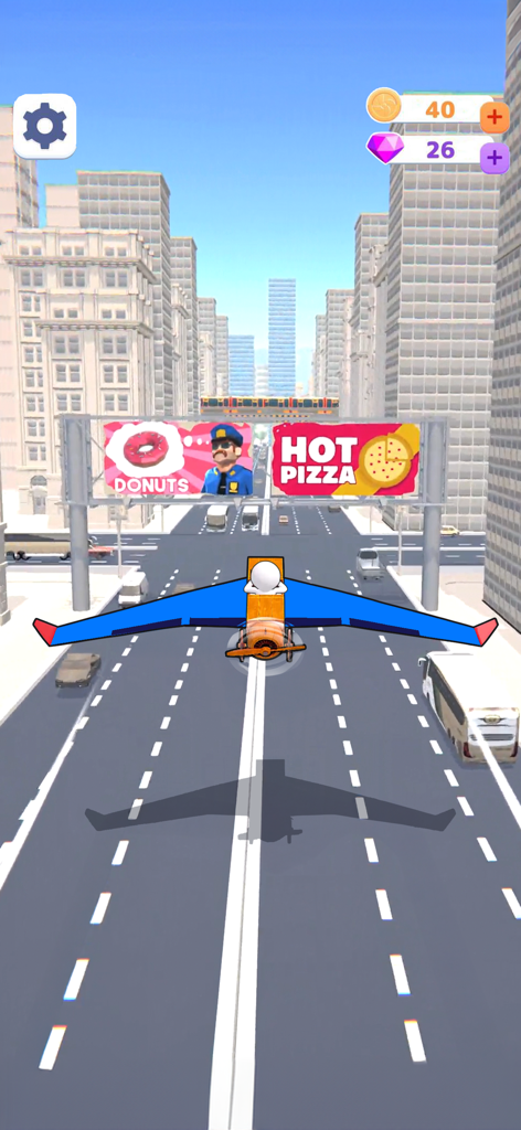 Un avión estilizado volando a través de una calle de la ciudad pasando por vallas publicitarias y coches