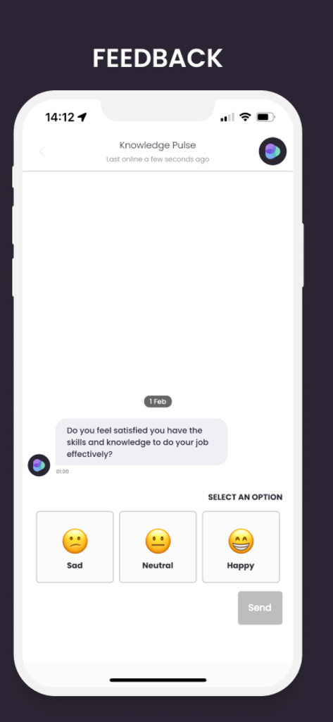 Reelyze mobile app feedback screen showing a Knowledge Pulse survey with emoji satisfaction options