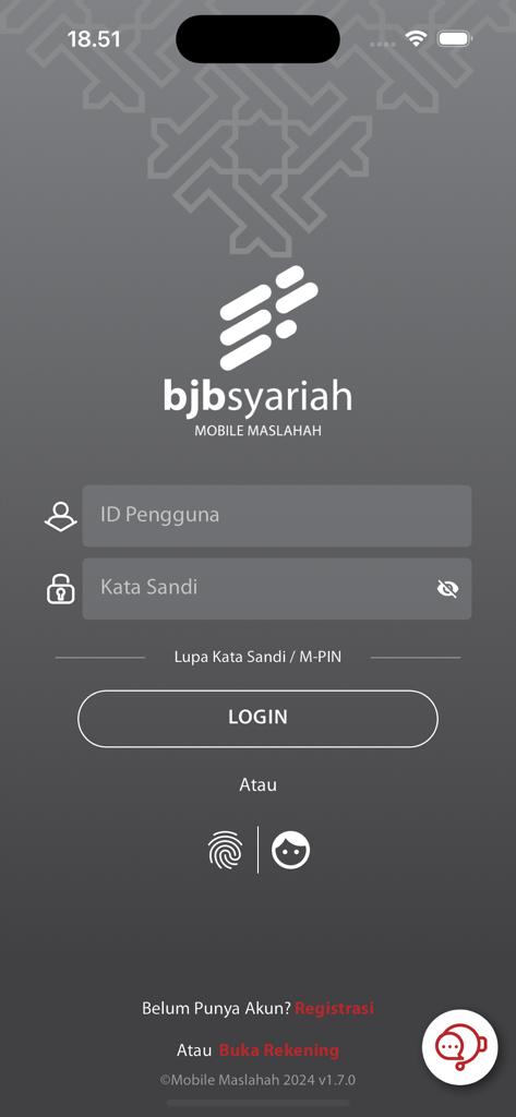 Mobile Maslahah by bjb syariah - Anmeldebildschirm der Mobile Maslahah by bjb syariah Banking App mit Feldern für Benutzeridentifikation und Passwort