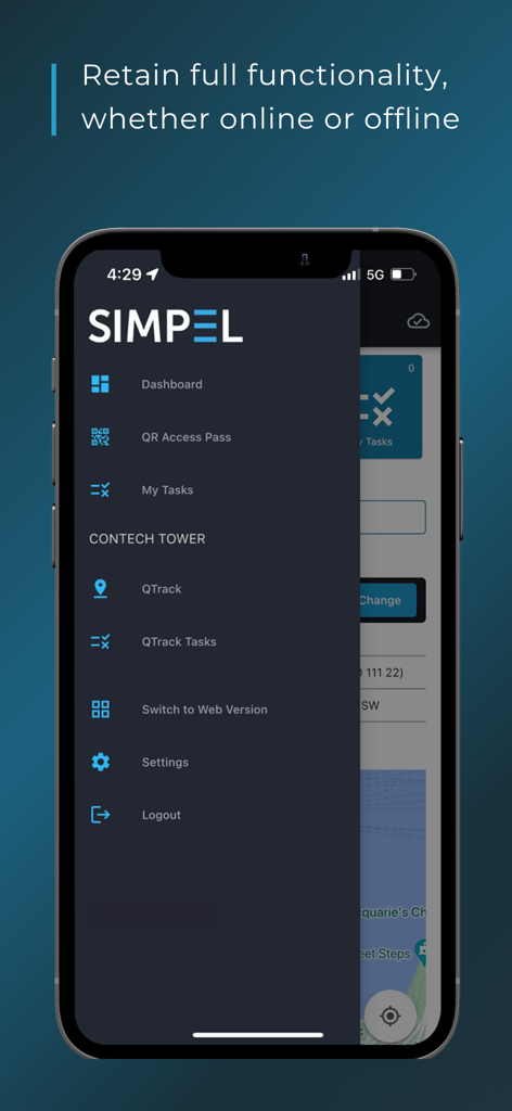 Simpel - The Simpel construction app menu on a smartphone highlighting its offline functionality feature.