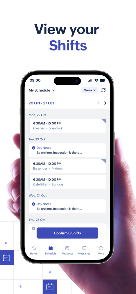 Mobile screen of Zoho Shifts app displaying a weekly work schedule with shifts for cleaner and bartender roles