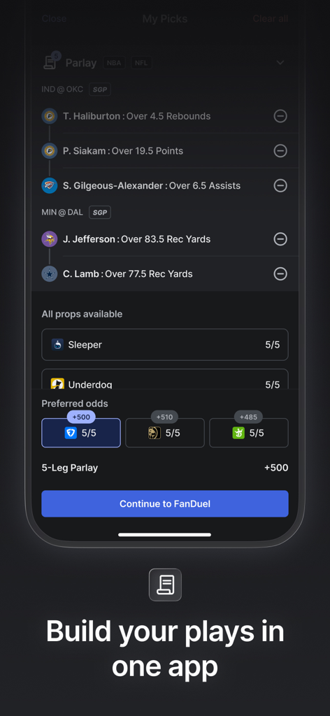 A sports betting parlay builder interface in the Linemate app showing selected player props and odds comparison across different sportsbooks