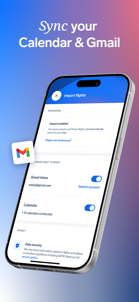 AirHelp app interface showing flight data synchronization settings for Gmail and Calendar