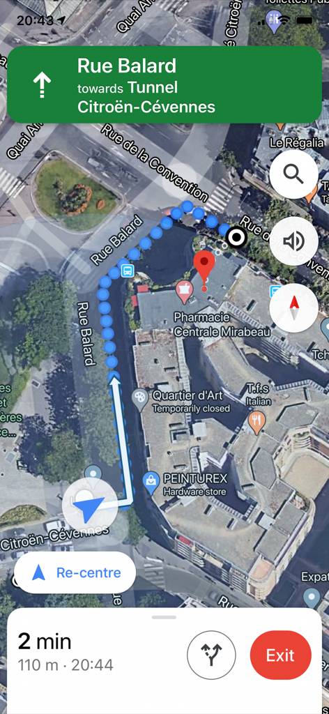 Find My Car - Satellite map showing walking directions and real-time distance to a parked car in the Find My Car app.