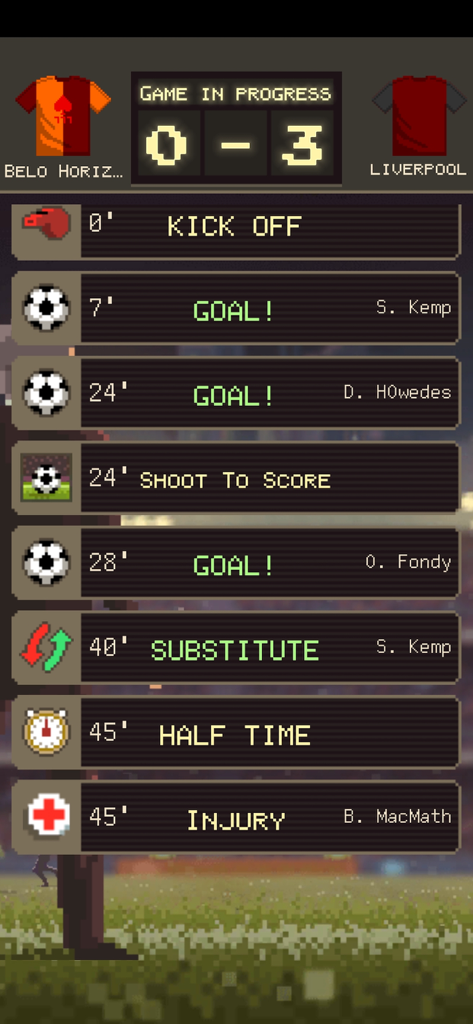 Football Boss: Be The Manager - Pantalla de juego de Football Boss que muestra una línea de tiempo de partido con arte pixelado, con goles y lesiones.