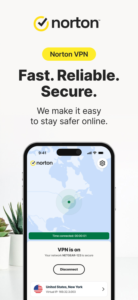 Norton VPN app interface on a smartphone showing an active and secure connection