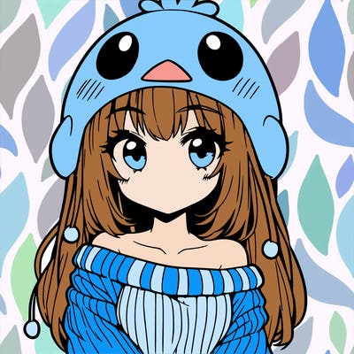 anime girl with chick shaped hat with sweater with bare shoulders with bangs covering them one eye with low tail