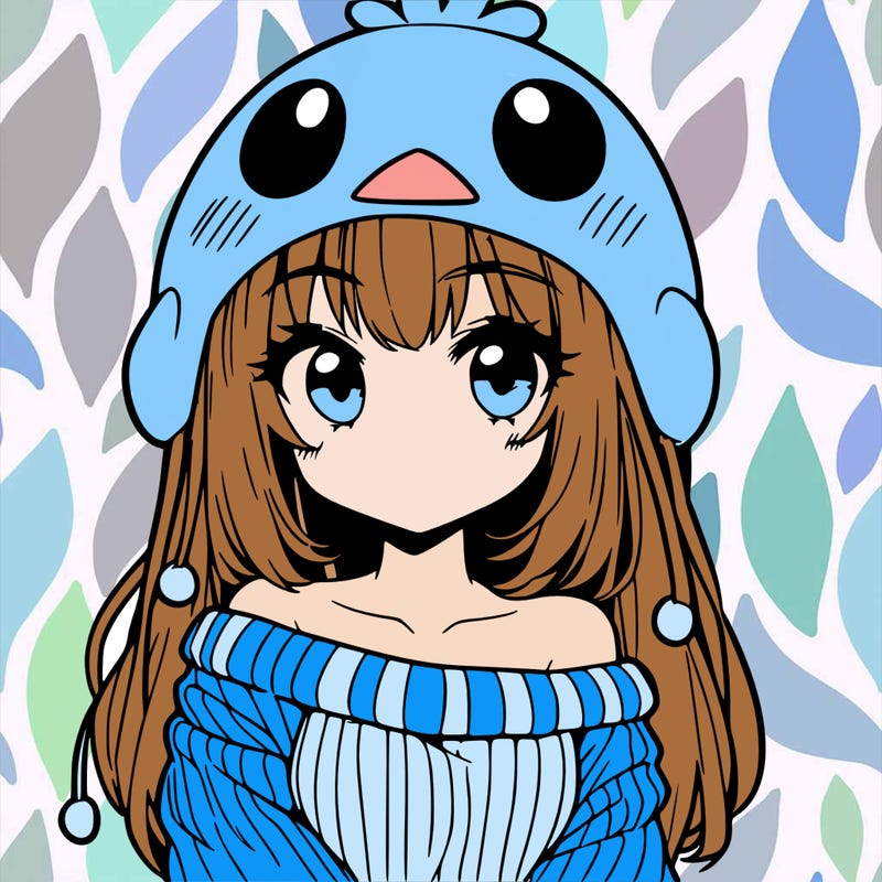 anime girl with chick shaped hat with sweater with bare shoulders with bangs covering them one eye with low tail