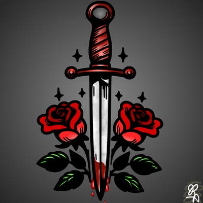 dagger in upright position with roses in front
