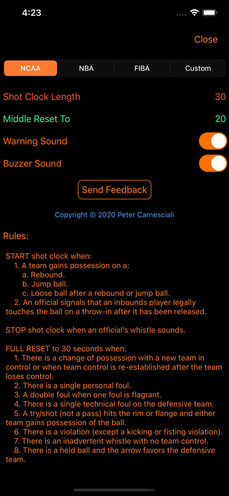 Settings screen of the Basketball Shot Clock app showing NCAA rules and timer configurations