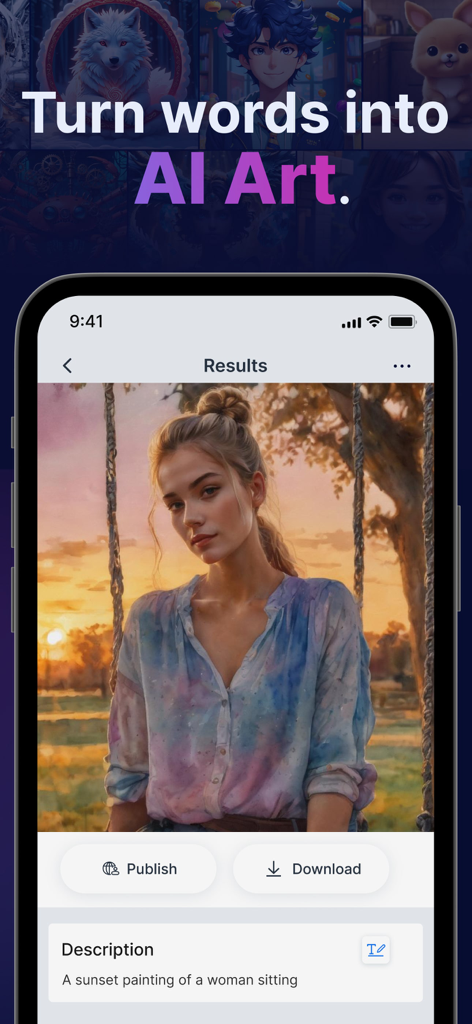Gencraft mobile app interface showing an AI generated sunset painting of a woman created from a text prompt
