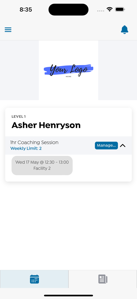 swool.io - Swool mobile app interface showing a scheduled coaching session with date time and facility details