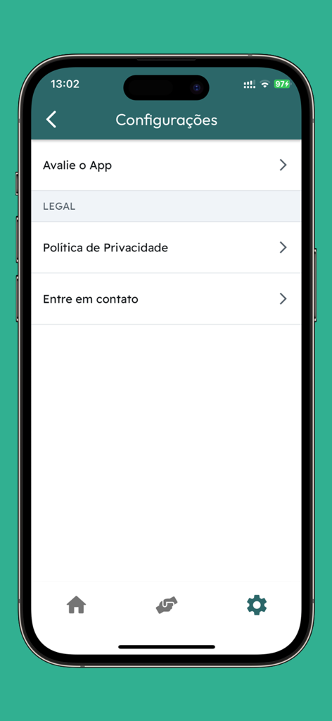 Desenrola Brasil Limpa Nome - Settings menu of the Desenrola Brasil app with options for privacy policy and contact.