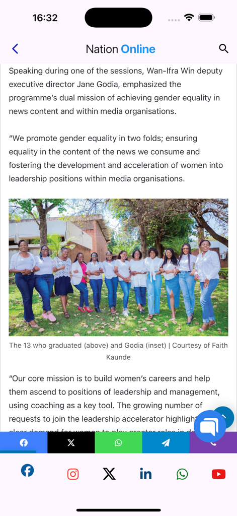 Nation Online - Screenshot of a news article in the Nation Online app about gender equality and women in media leadership roles.