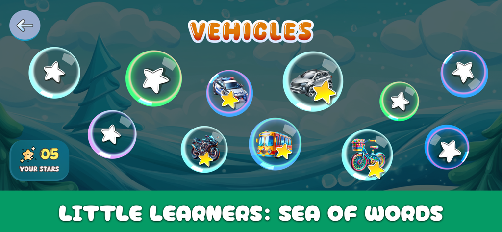 Letters Catch: Alphabet Games - Educational game menu screen showing the vehicles category with floating bubbles and star rewards