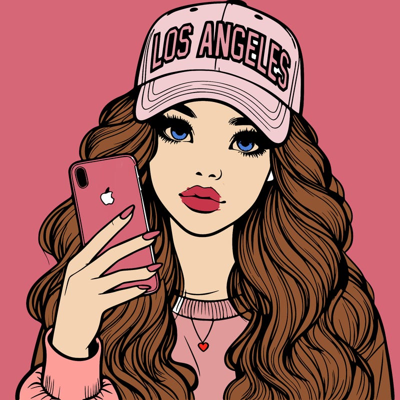 realistic beautiful girl wearing los ángeles cap holding an iphone