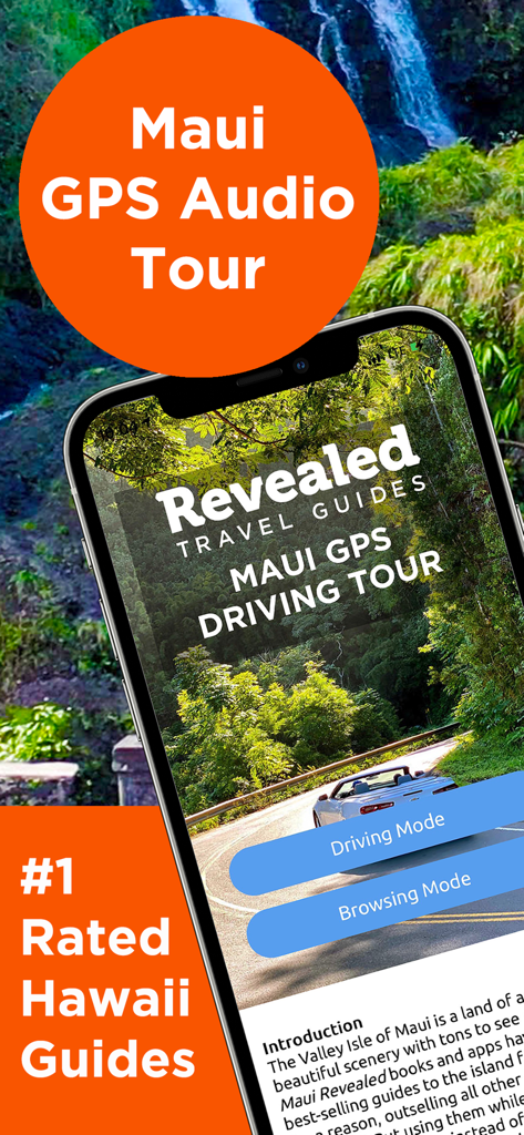 A smartphone displaying the Maui Revealed GPS Driving Tour app interface featuring Driving and Browsing modes over a scenic island road.