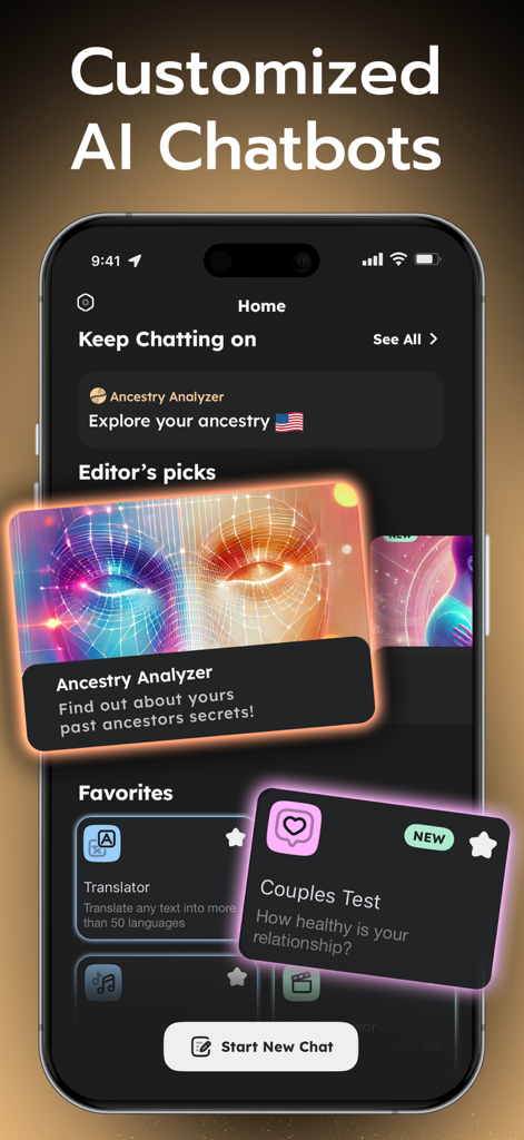 Gooroo: Ethnicity, AI Fortune - Gooroo app interface showing customized AI chatbots for ancestry analysis and relationship health tests.