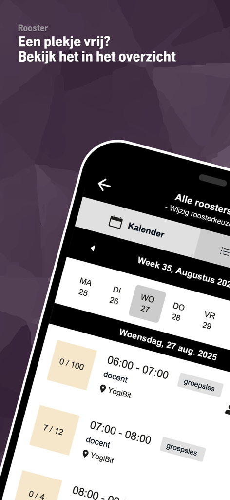 YogiBit - Interface of the YogiBit app showing a calendar and available yoga classes for booking