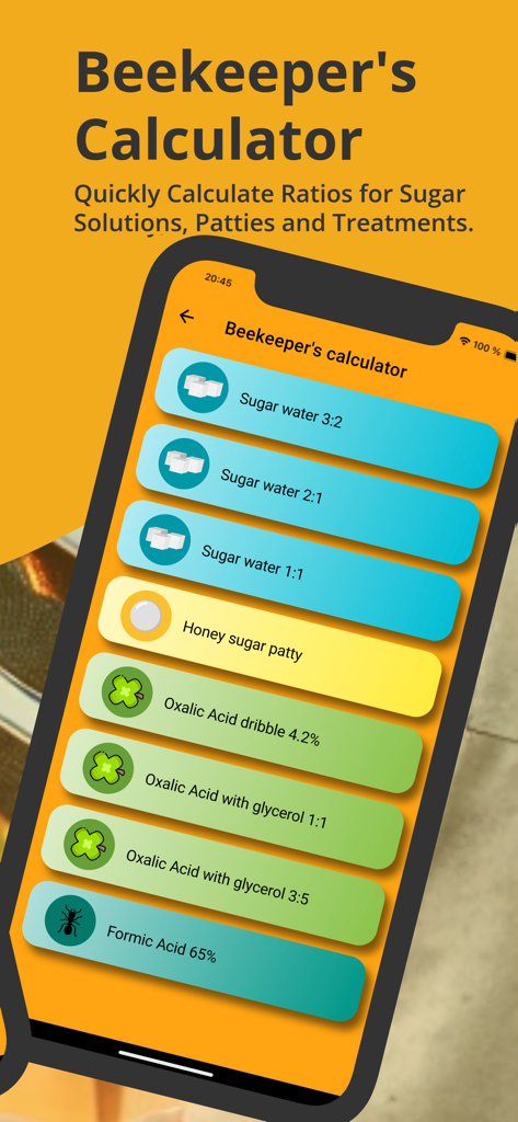 Apiary Book Beekeeping ApiNote - Pantalla de la calculadora de apicultura que muestra proporciones de solución de azúcar y tratamientos para colmenas