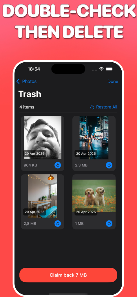 Clean out camera roll-SwipeRol - Trash review screen in the SwipeRol app showing photos marked for deletion and a button to claim back storage space