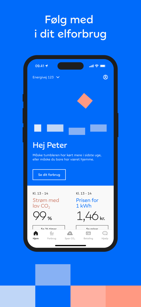 Tela inicial do aplicativo móvel Andel Energi exibindo o preço da eletricidade por quilowatt-hora e a porcentagem de energia com baixo CO2