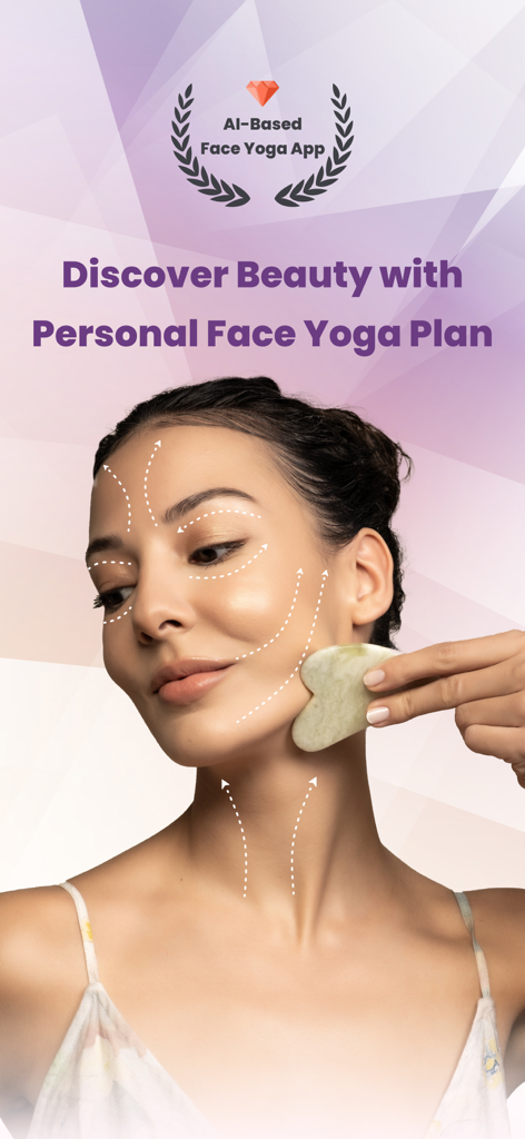 Young Face: Face Yoga Exercise - A woman using a Gua Sha tool on her face with instructional arrows for face yoga exercises