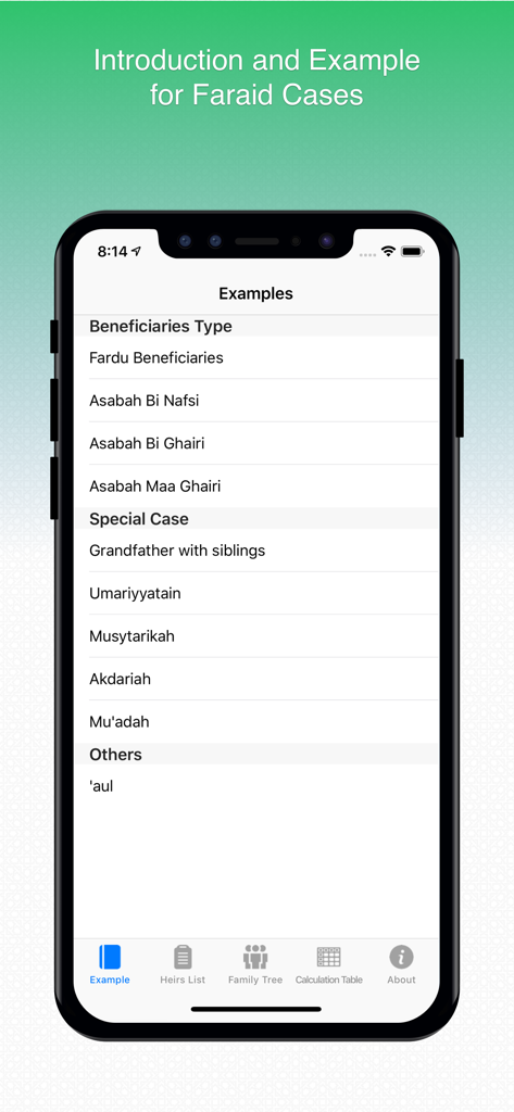 iFaraid Calculator - A mobile screen from the iFaraid Calculator app displaying a list of Islamic inheritance examples including beneficiary types and special cases.