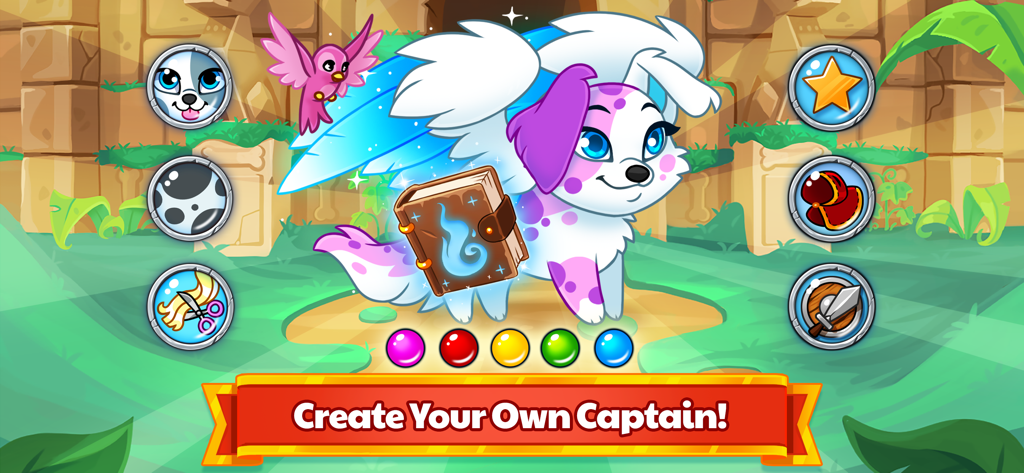 Dungeon Dogs - Idle Hero RPG - Character customization screen in Dungeon Dogs showing a cute winged dog hero with a magic book and customization icons.