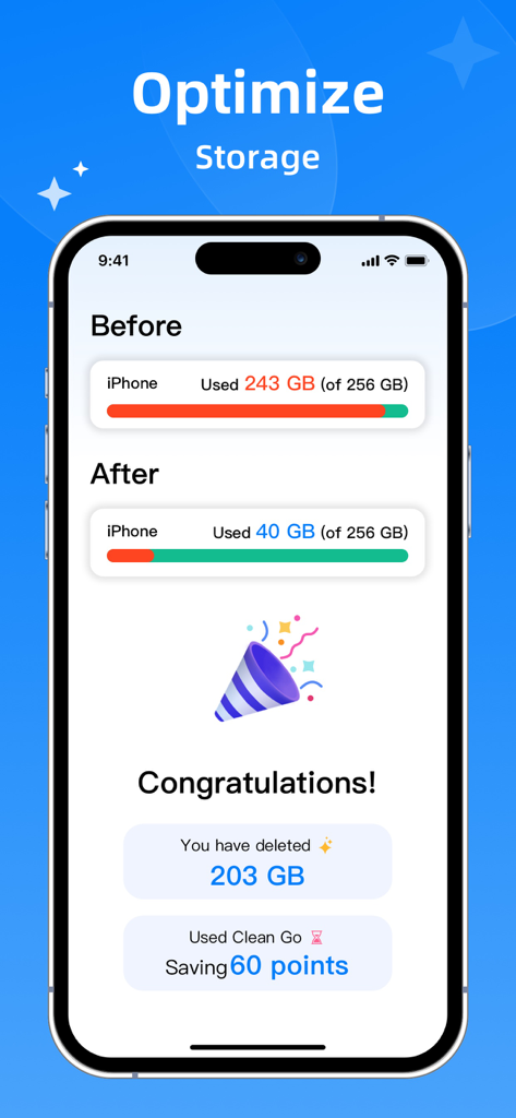 Comparaison de l'utilisation du stockage de l'iPhone avant et après l'utilisation de Deep Cleaner montrant 203 Go d'espace libéré